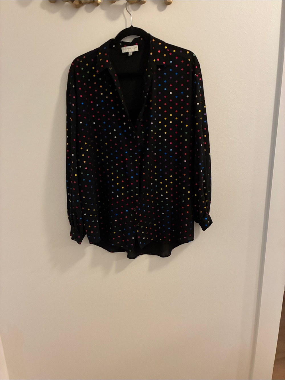 Never Fully Dressed Black Button-Down Blouse with Multicolor Polka Dots